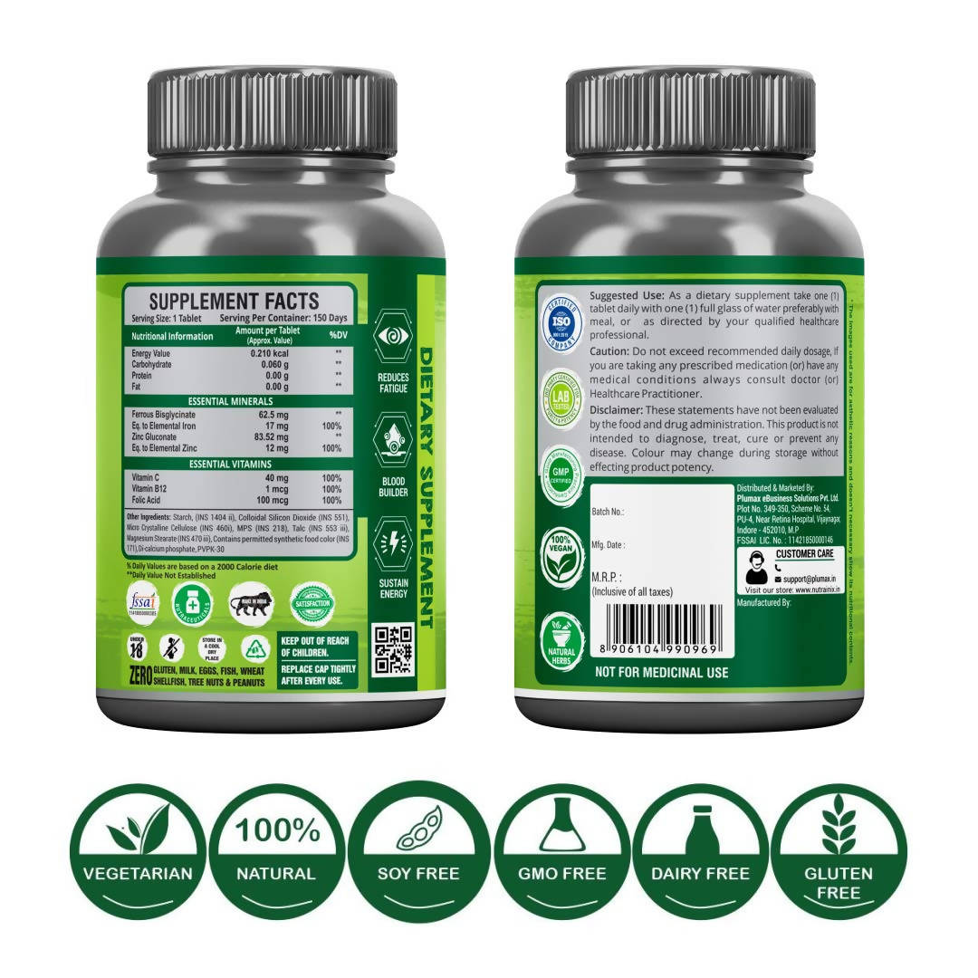 Nutrainix Chelated Iron Vitamin C Folic Acid & Zinc Tablets | Grocsy