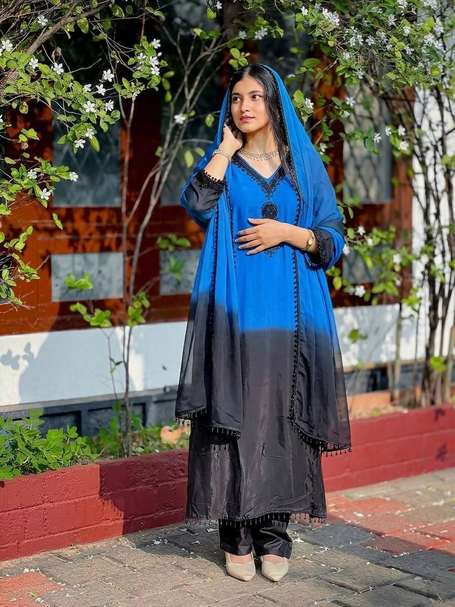 Teeya Creation Women's Trendy Stylish French Crepe Silk Blue Kurta Set | Grocsy