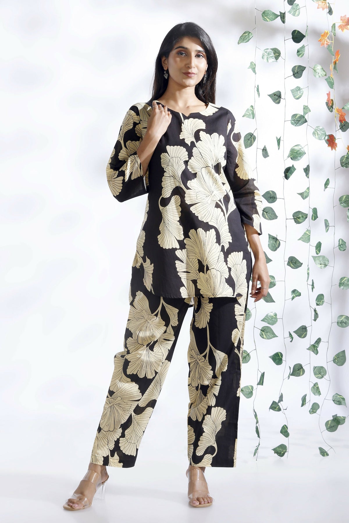Breathables Black Floral Cotton Kurta & Pant Co-Ord Set | Grocsy