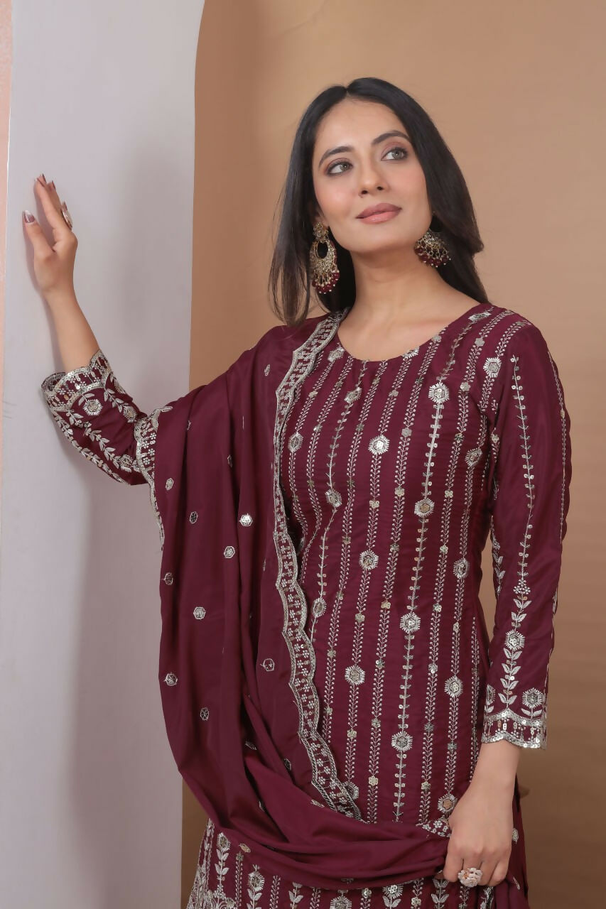 Teeya Creation Maroon Color Natural Crepe Silk Wedding Wear Trending Salwar Suit | Grocsy