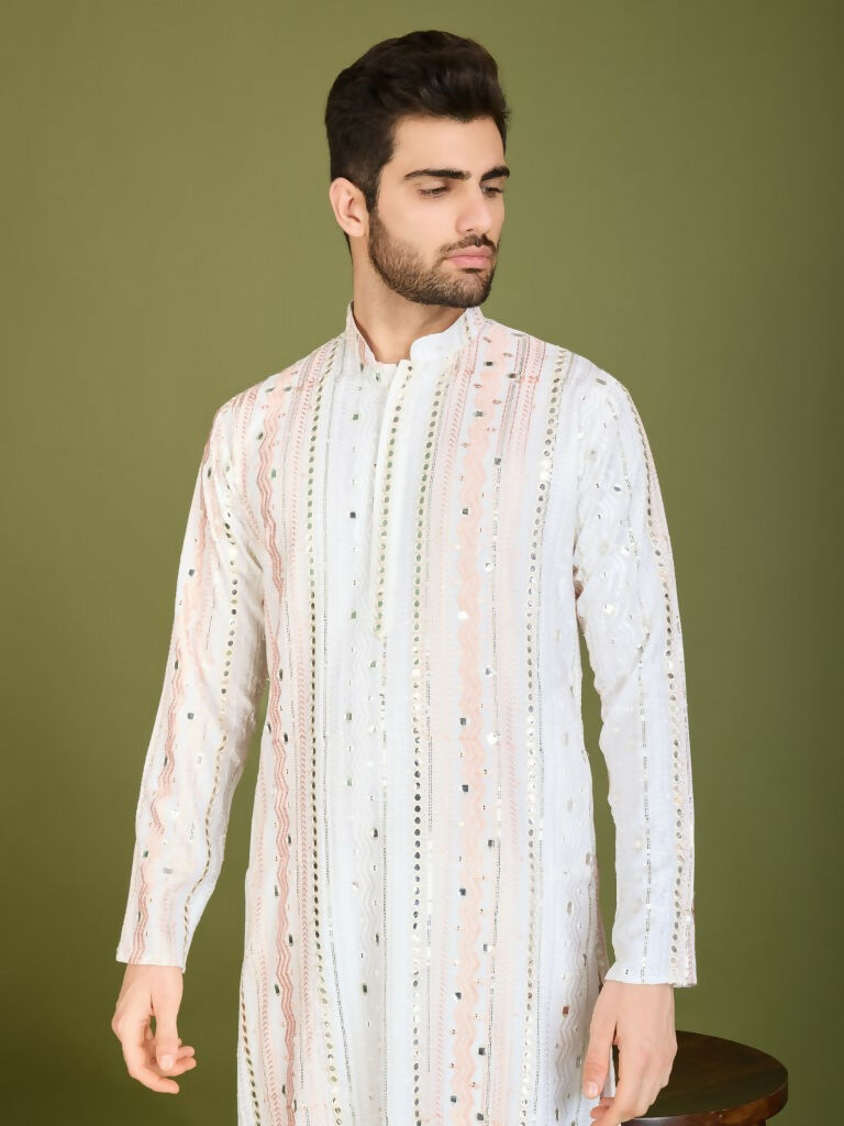 Vastranavya White Exclusive Festival Wear Pure Viscose Rayon Sequence & Foil Mirror Heavy Embroidered Work Kurta | Grocsy