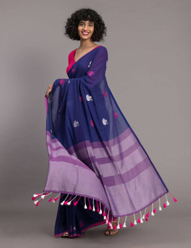 Suta Blue Pink Ethnic Motifs Handloom Cotton Woven Saree | Grocsy