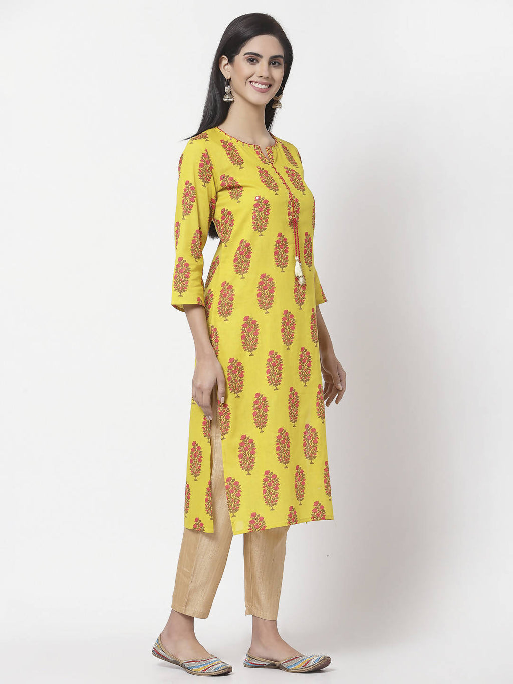 Myshka Women Yellow Pure Cotton Printed 3/4 Sleeve Round Neck Kurta | Grocsy
