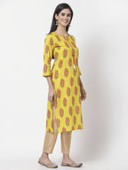 Myshka Women Yellow Pure Cotton Printed 3/4 Sleeve Round Neck Kurta | Grocsy