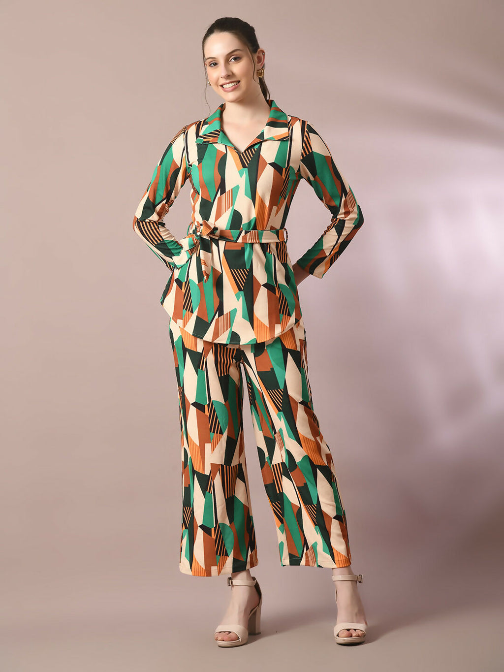 Myshka Women's Multi Printed Polo Collar Party Top With Trousers Co-ord set | Grocsy