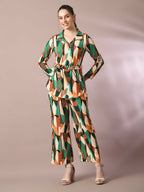 Myshka Women's Multi Printed Polo Collar Party Top With Trousers Co-ord set | Grocsy