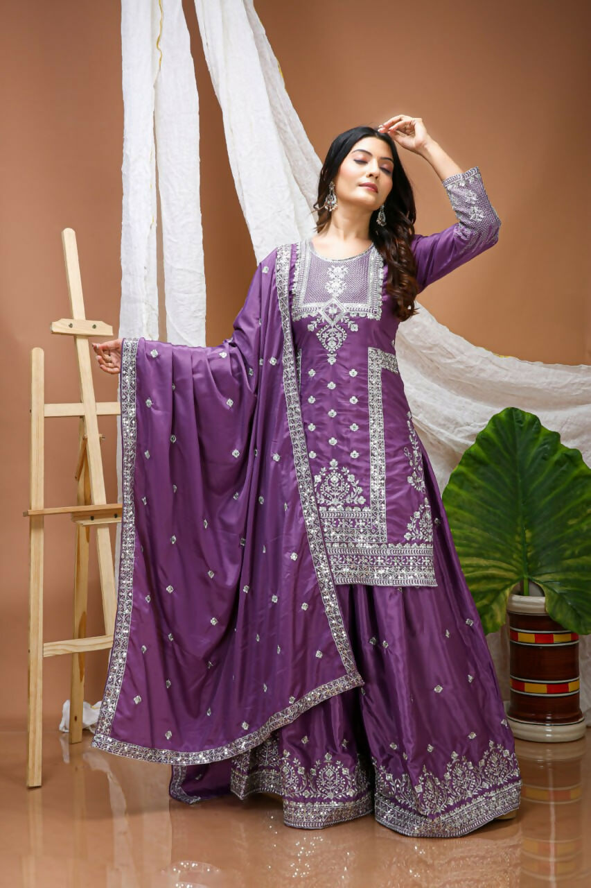 Teeya Creation Lavender Color Natural Crepe Silk Wedding Wear Trending Salwar Suit | Grocsy