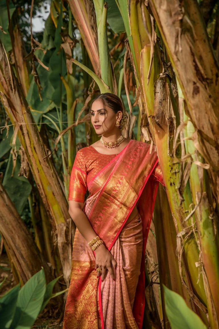 Jyoti Fashion Women's Peach Kanjivaram Silk Zari Woven Saree with Blouse | Grocsy