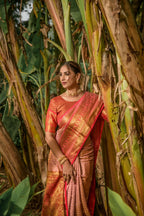 Jyoti Fashion Women's Peach Kanjivaram Silk Zari Woven Saree with Blouse | Grocsy