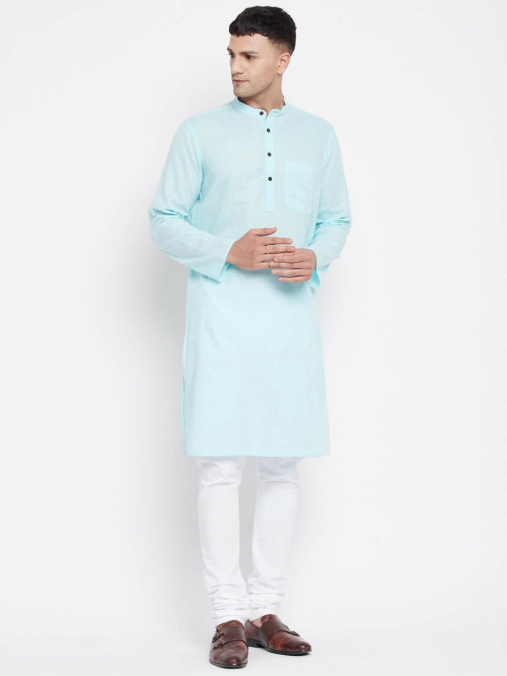 Even Apparels Pure Cotton Blue Color Men's Kurta With Band Collar | Grocsy
