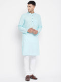 Even Apparels Pure Cotton Blue Color Men's Kurta With Band Collar | Grocsy