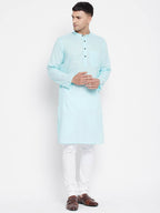 Even Apparels Pure Cotton Blue Color Men's Kurta With Band Collar | Grocsy