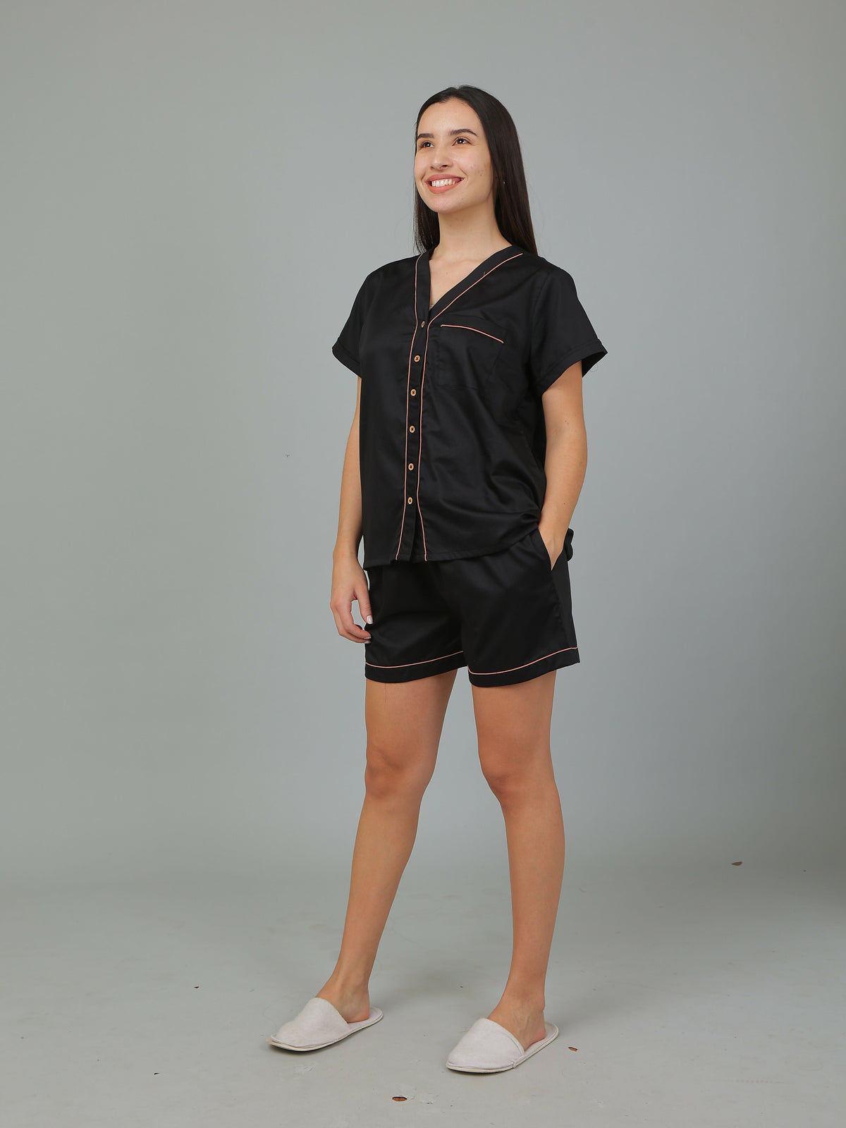 Breathables Women Cotton Night Suit Shirt And Shorts Co-Ord Set I Nightwear | Loungewear Set In Solid Colours | Grocsy