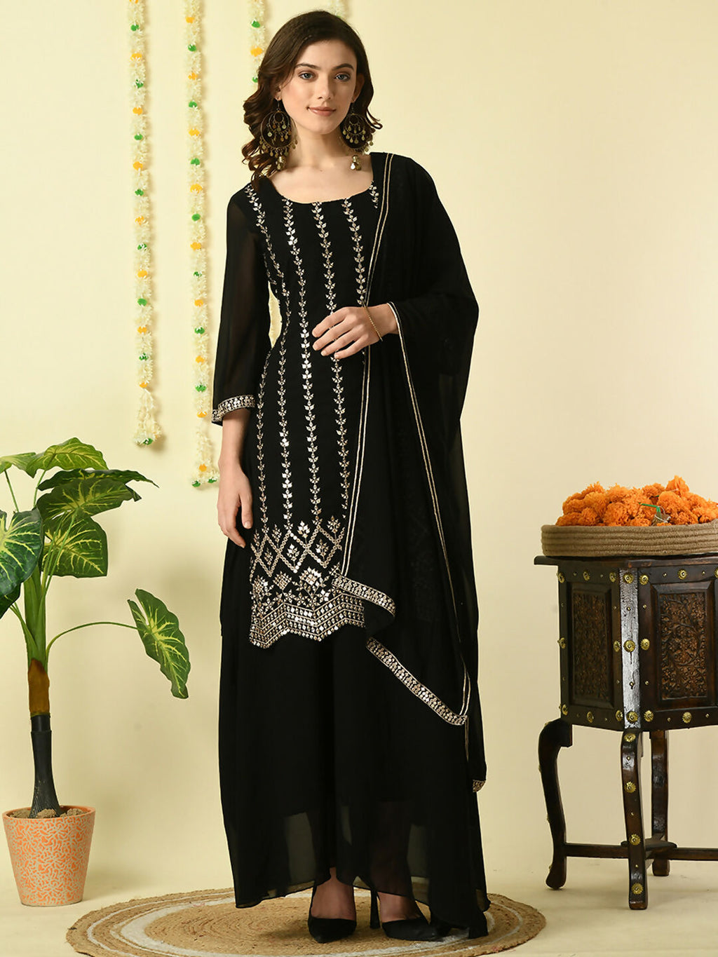 Myshka Women's Black Georgette Kurta & Skirt With Dupatta Party Sets | Grocsy