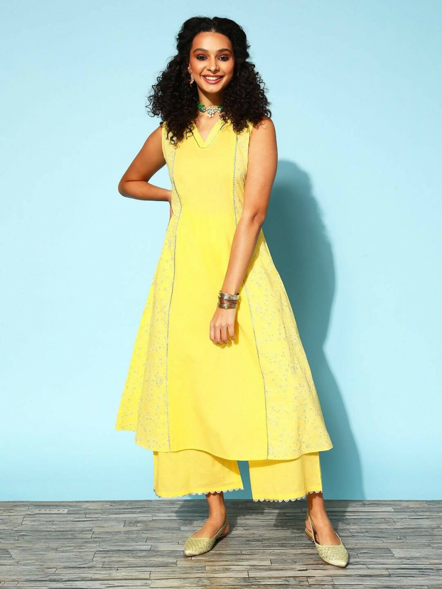 Ahalyaa Women Yellow Colour Cotton Printed Kurta Palazzo Set | Grocsy