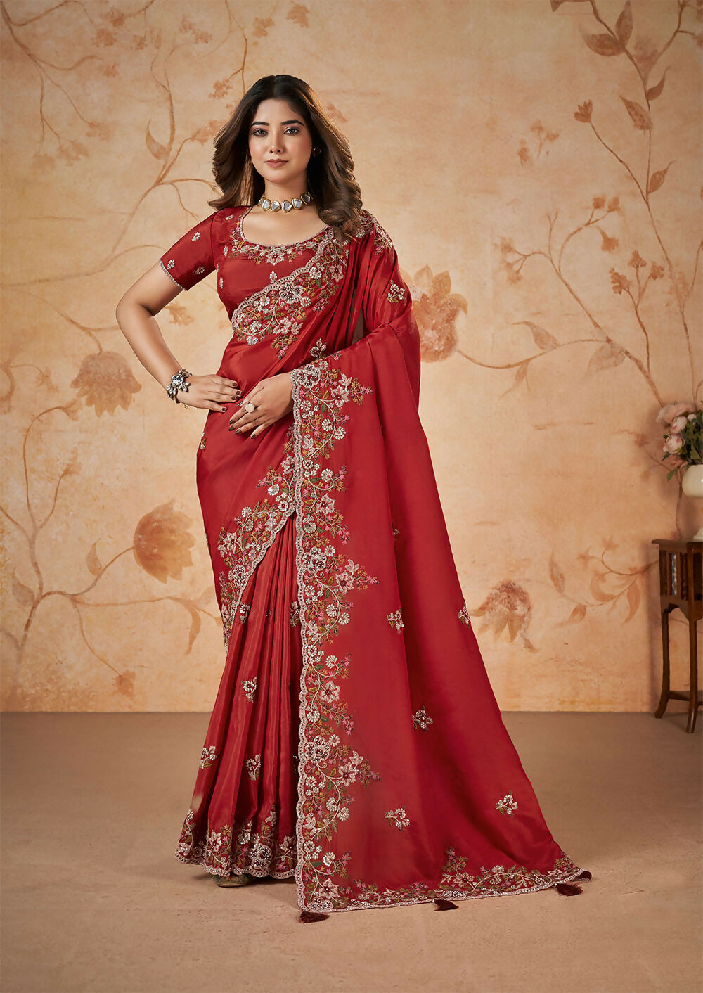 Red Upada Silk Sequence & Cord Embroidered with Stone Work Saree - Mohmanthan Dakshika | Grocsy