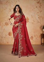 Red Upada Silk Sequence & Cord Embroidered with Stone Work Saree - Mohmanthan Dakshika | Grocsy