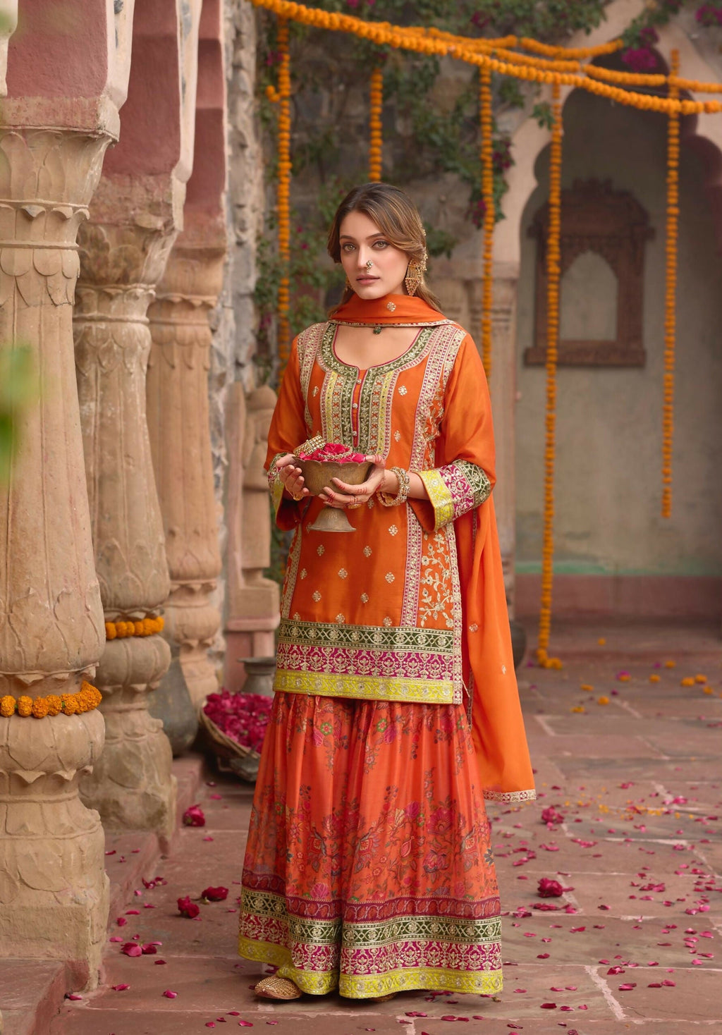 Anaita Orange Chinon Readymade Palazzo Suit with Codding Dori & Sequence Work | Grocsy