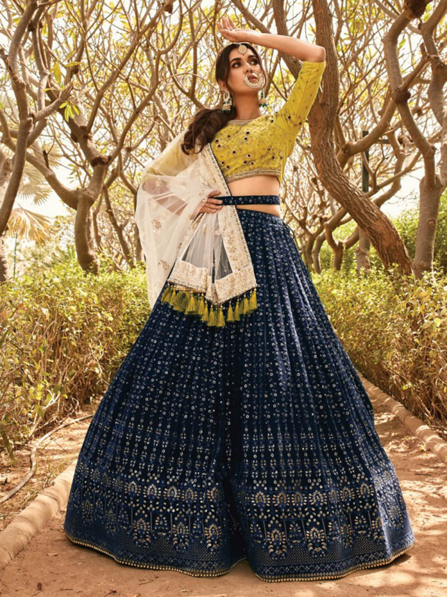 Myra Navy Blue Heavy Embroidered Party Wear Lehenga | Grocsy