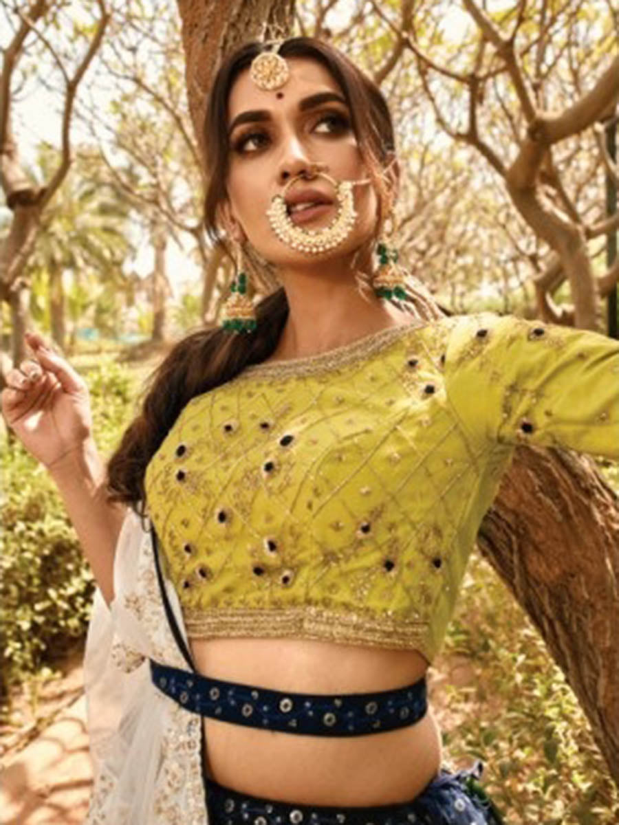 Myra Navy Blue Heavy Embroidered Party Wear Lehenga | Grocsy