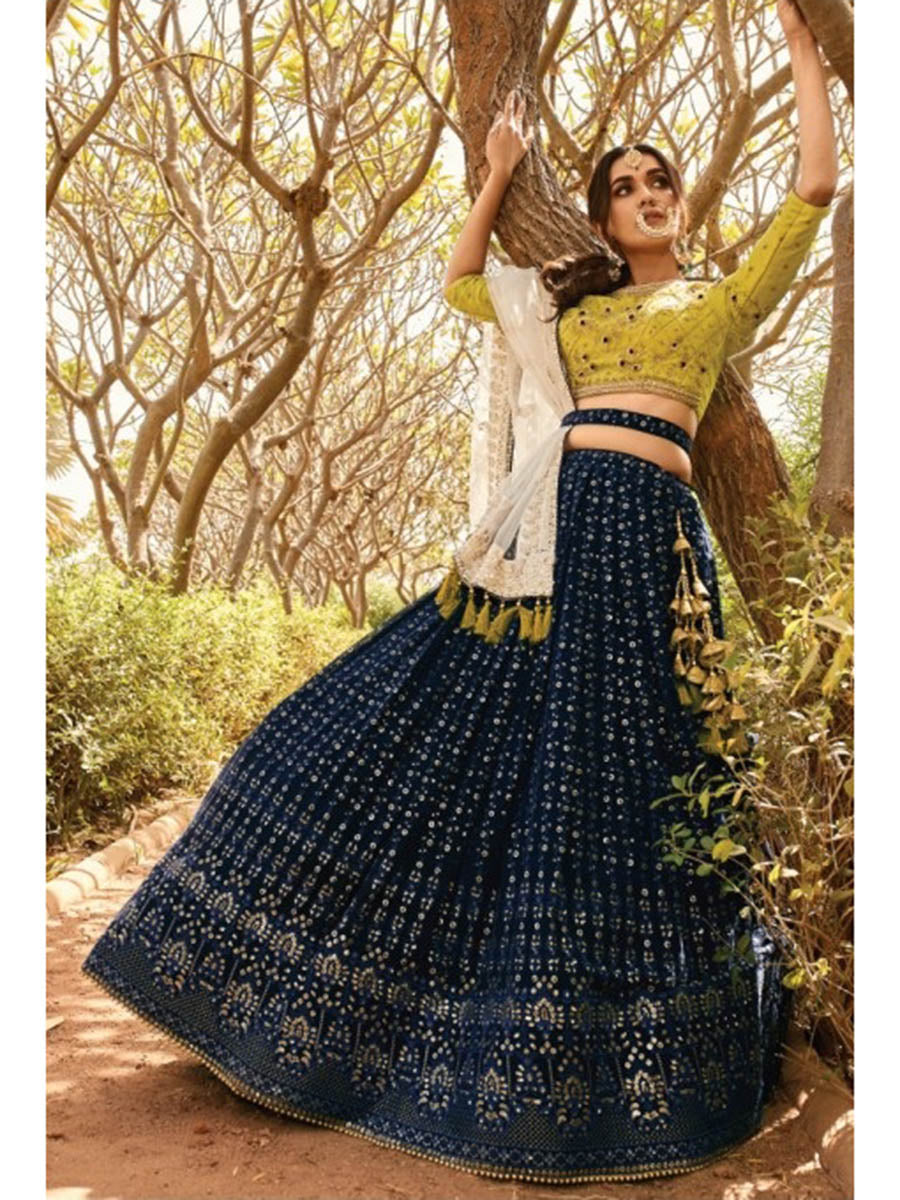 Myra Navy Blue Heavy Embroidered Party Wear Lehenga | Grocsy