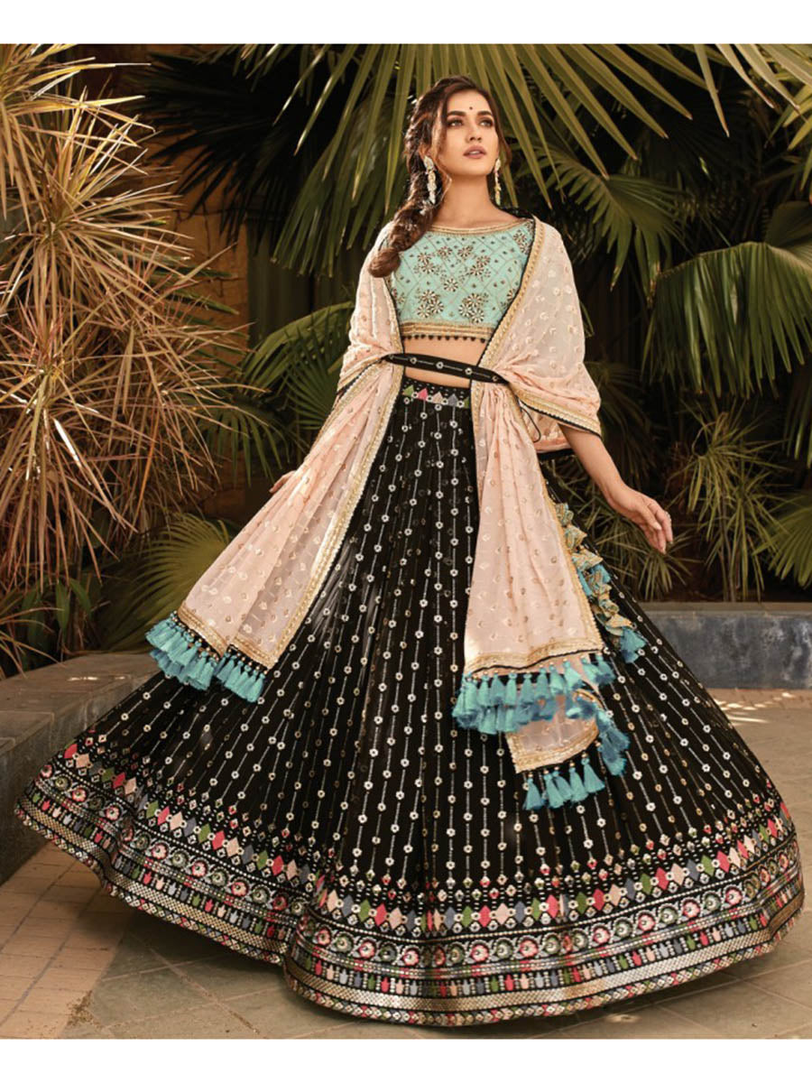 Myra Black and Sea Blue Heavy Embroidered Party Wear Lehenga | Grocsy