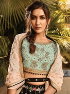 Myra Black and Sea Blue Heavy Embroidered Party Wear Lehenga | Grocsy