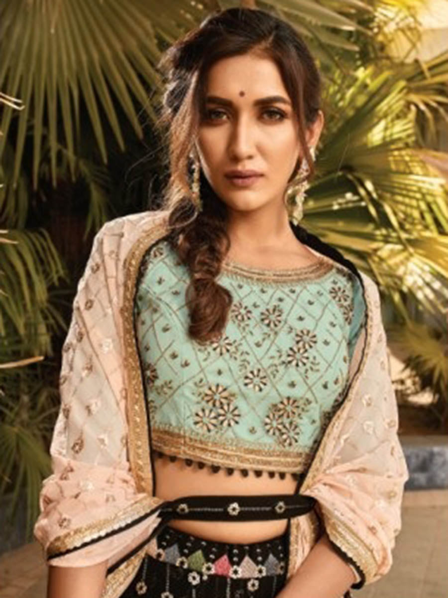 Myra Black and Sea Blue Heavy Embroidered Party Wear Lehenga | Grocsy
