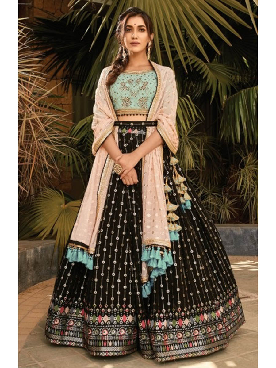 Myra Black and Sea Blue Heavy Embroidered Party Wear Lehenga | Grocsy
