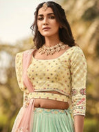 Myra Sea Blue and Lemon Yellow Heavy Embroidered Party Wear Lehenga | Grocsy