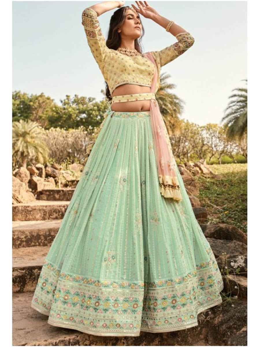 Myra Sea Blue and Lemon Yellow Heavy Embroidered Party Wear Lehenga | Grocsy