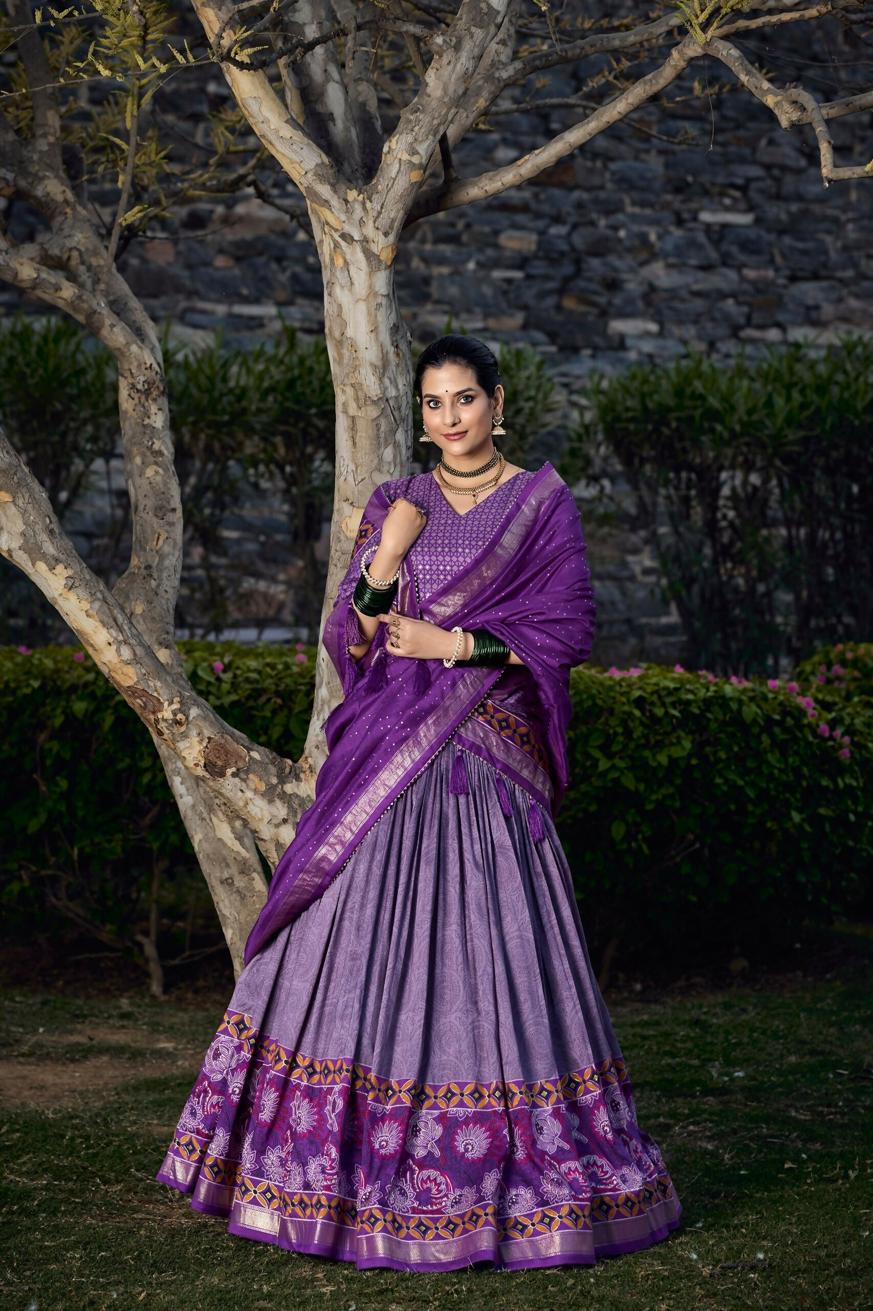 Vastranavya Floral Print With Foil Print Tussar Silk Lehenga With Unstitched Blouse - Purple | Grocsy
