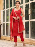 Teeya Creation Womens New Elegant Red Embroidered Kurti with Matching Bottom Set | Grocsy