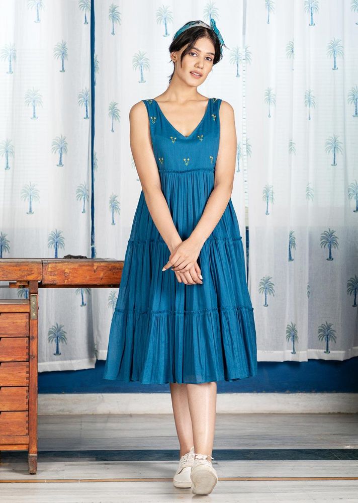 Pimu Midi Dress with Embroidered for Women - Teal Blue | Grocsy