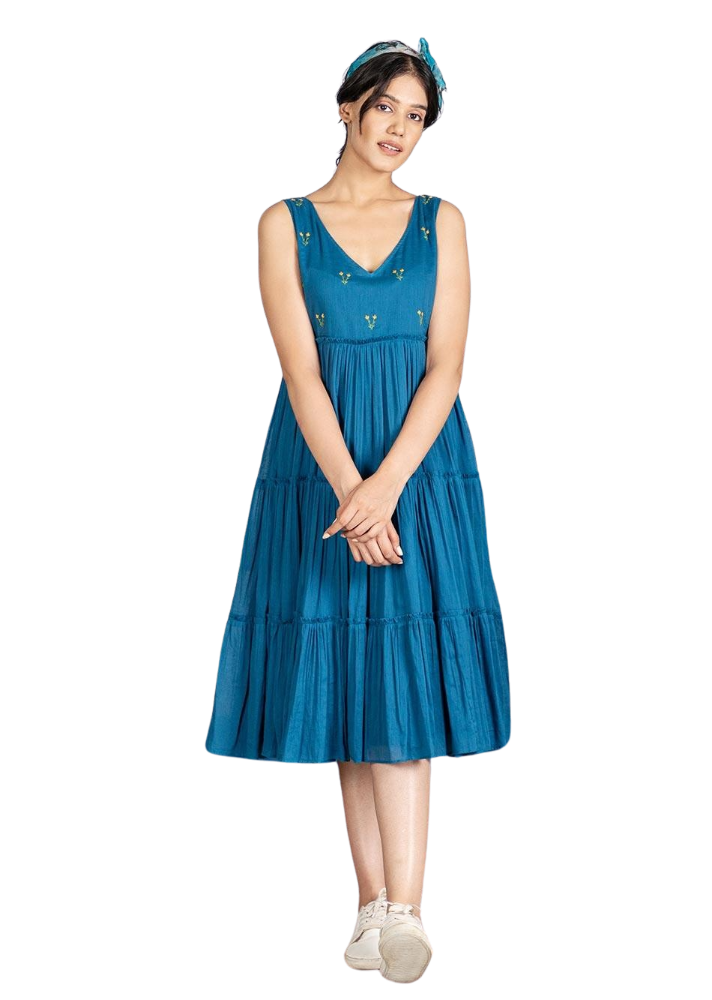 Pimu Midi Dress with Embroidered for Women - Teal Blue | Grocsy