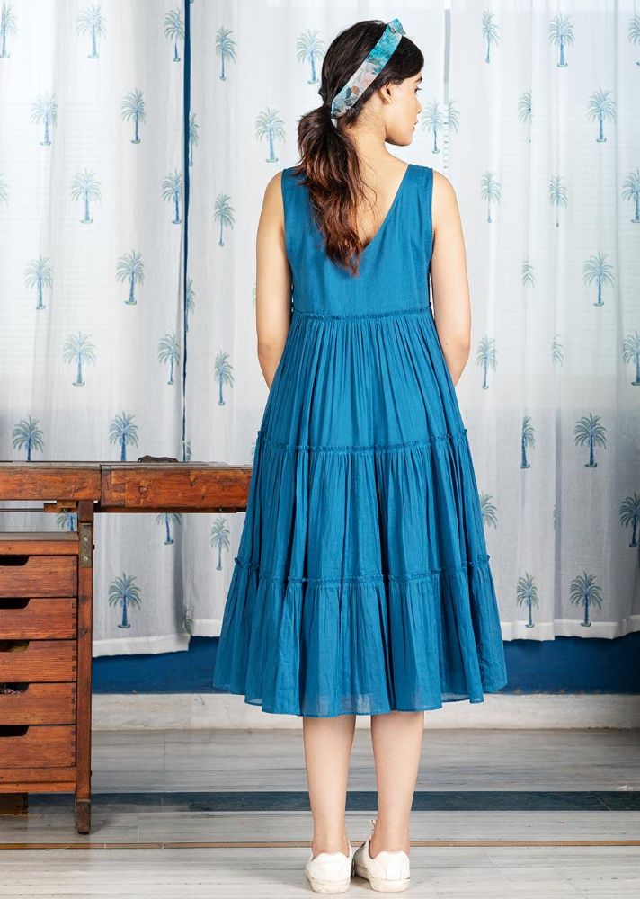Pimu Midi Dress with Embroidered for Women - Teal Blue | Grocsy