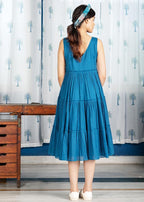 Pimu Midi Dress with Embroidered for Women - Teal Blue | Grocsy
