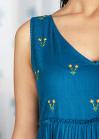 Pimu Midi Dress with Embroidered for Women - Teal Blue | Grocsy