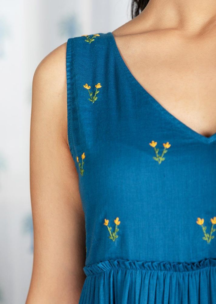 Pimu Midi Dress with Embroidered for Women - Teal Blue | Grocsy