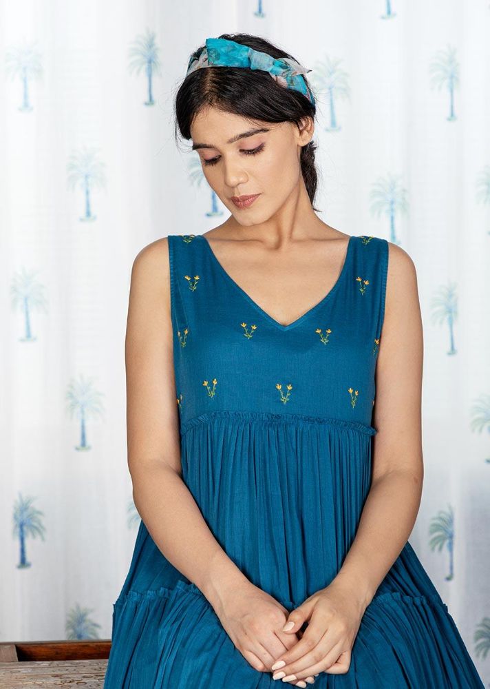 Pimu Midi Dress with Embroidered for Women - Teal Blue | Grocsy