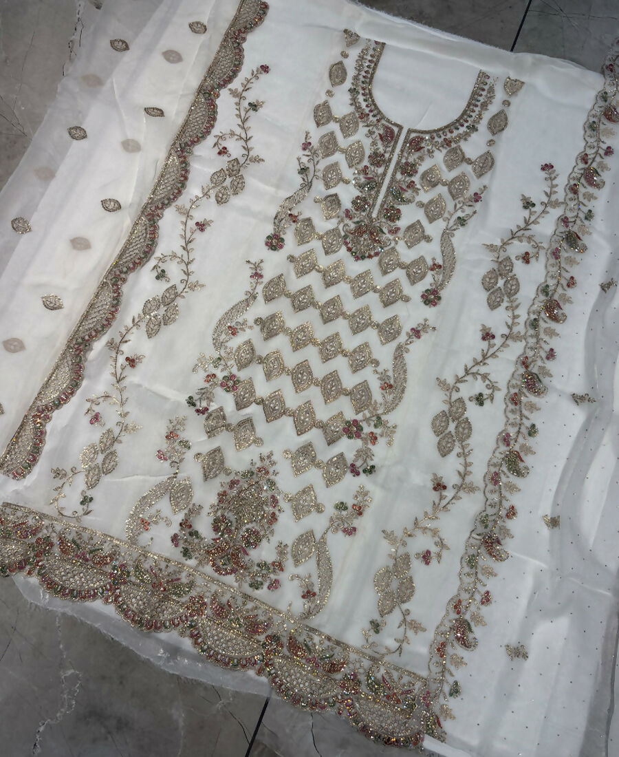 KC Heavy Embroidery Worked Two Ton Moss Silk White Suit For Women | Grocsy