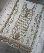 KC Heavy Embroidery Worked Two Ton Moss Silk White Suit For Women | Grocsy