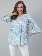 Janasya Women's White Cotton Floral Print Tiered Top | Grocsy
