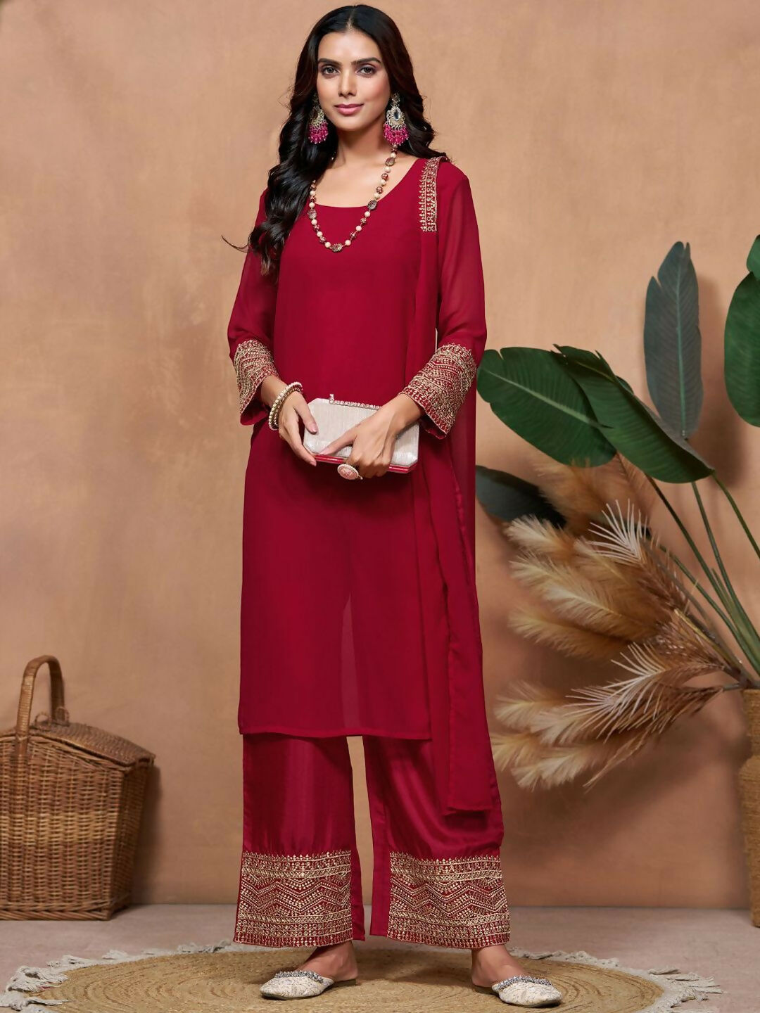 The52 Women's Beautiful Georgette Fabric Embroidery Work Straight Kurta Palazzo and Dupatta Set | Grocsy
