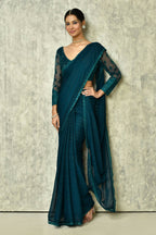 Teal Silk Solid Saree With Blouse Piece - Purvi | Grocsy