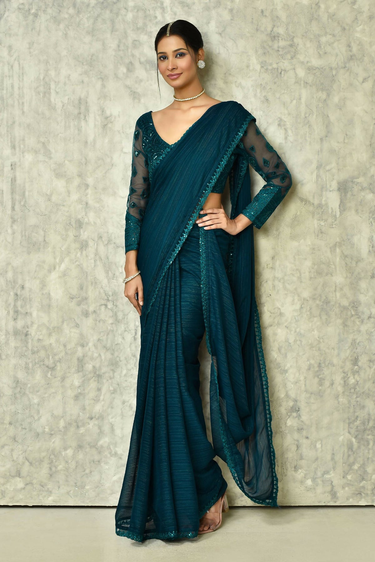 Teal Silk Solid Saree With Blouse Piece - Purvi | Grocsy