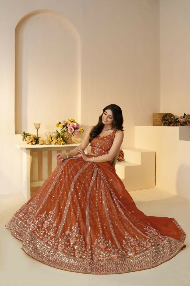 Kesar Fab Orange Jimmy Choo Hand_Woven Lehenga | Grocsy