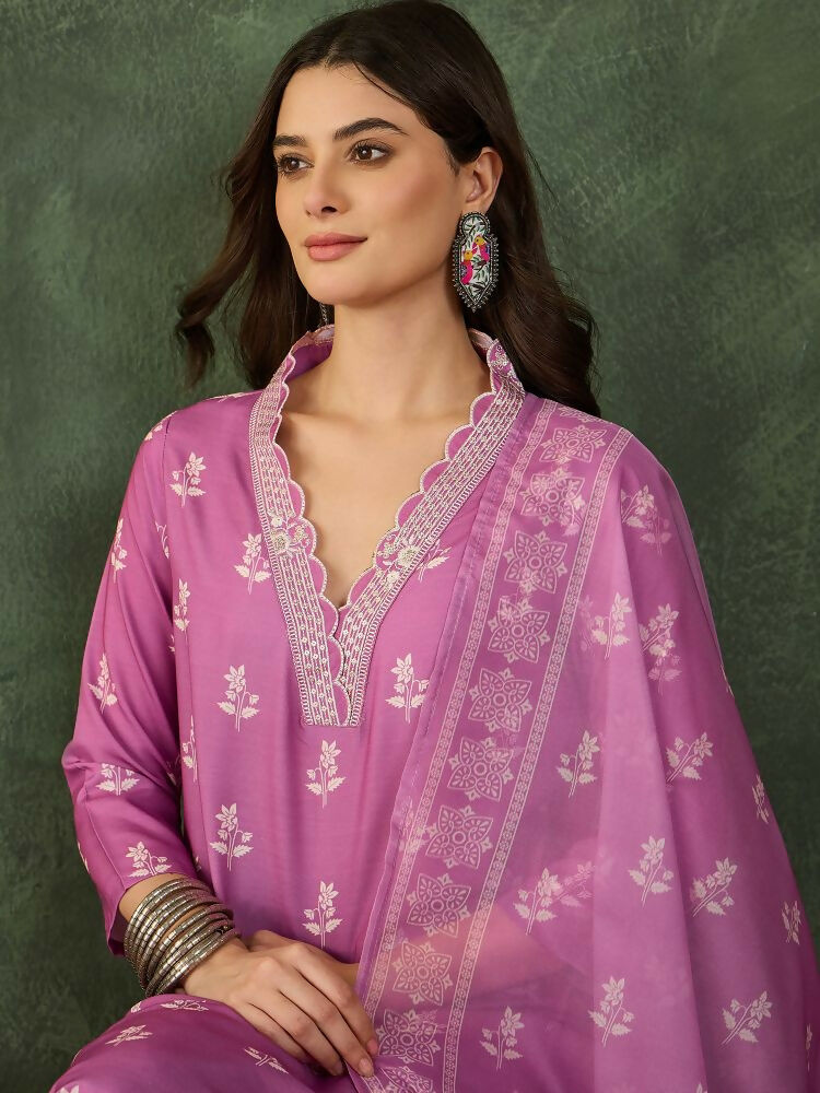 The52 Women's Gorgeous Rayon Fabric Printed Work Straight Kurta Pant and Dupatta Set | Grocsy