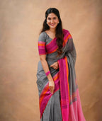 Exclusive Collection Grey Beautiful Khadi Cotton Handloom Saree | Grocsy