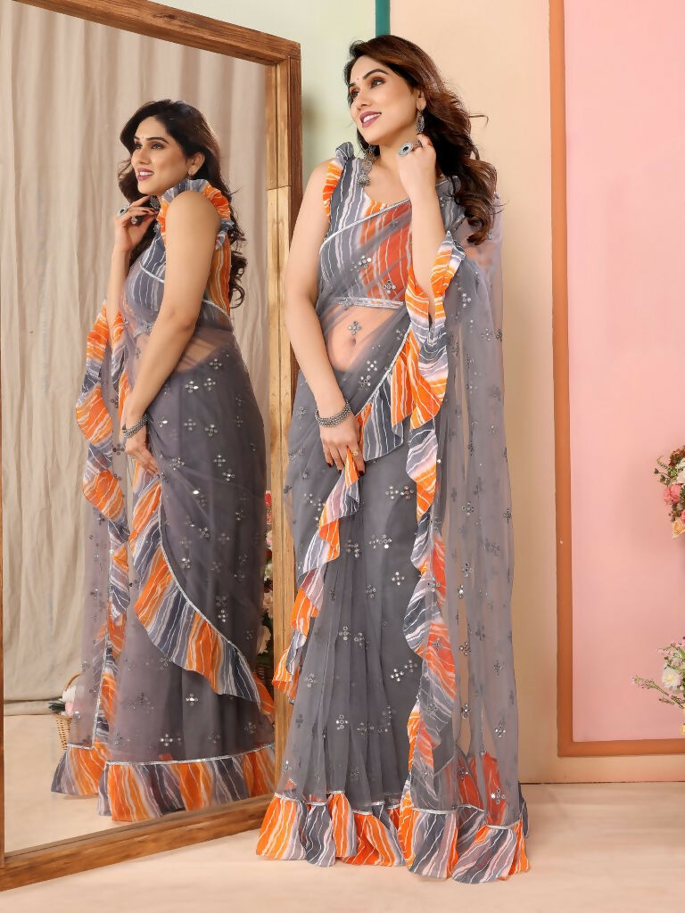 Partywear Designer Grey Net Fancy Saree - Dyuti | Grocsy